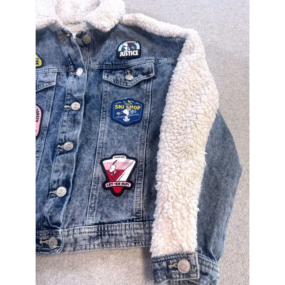Justice Peanuts Snoopy Denim Jacket Kids‎ Size 7/8 Blue Sherpa Patches Kidcore